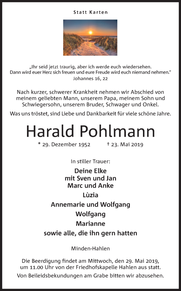  Traueranzeige für Harald Pohlmann vom 25.05.2019 aus Mindener Tageblatt