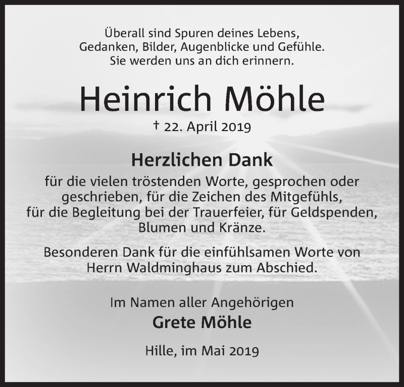  Traueranzeige für Heinrich Möhle vom 25.05.2019 aus Mindener Tageblatt