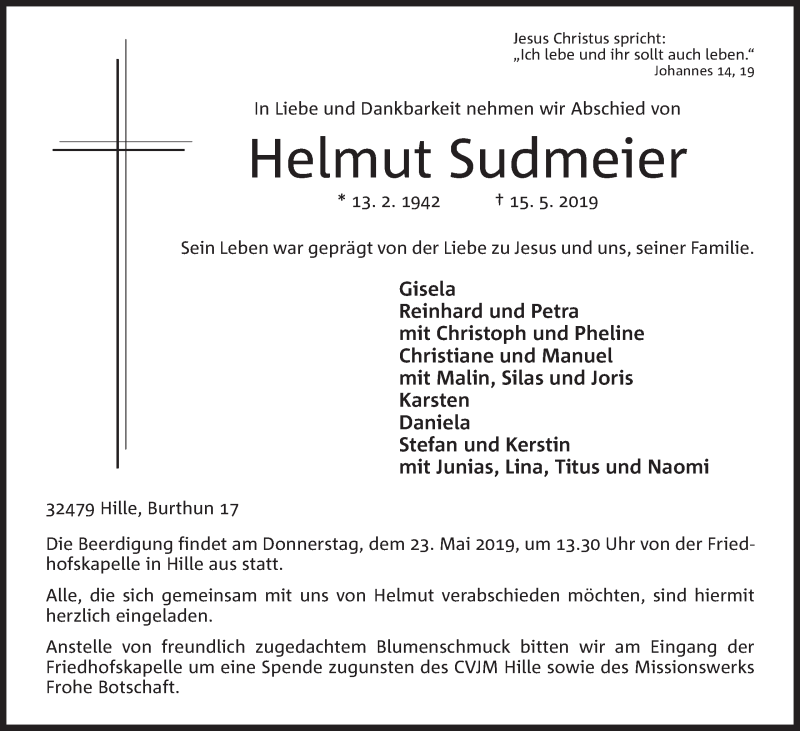  Traueranzeige für Helmut Sudmeier vom 17.05.2019 aus Mindener Tageblatt