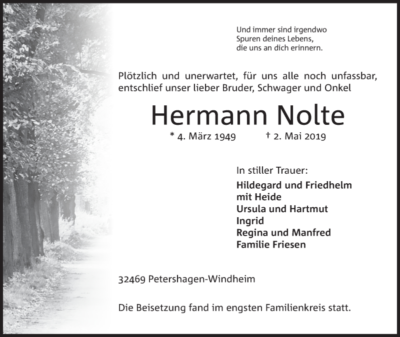  Traueranzeige für Hermann Nolte vom 11.05.2019 aus Mindener Tageblatt