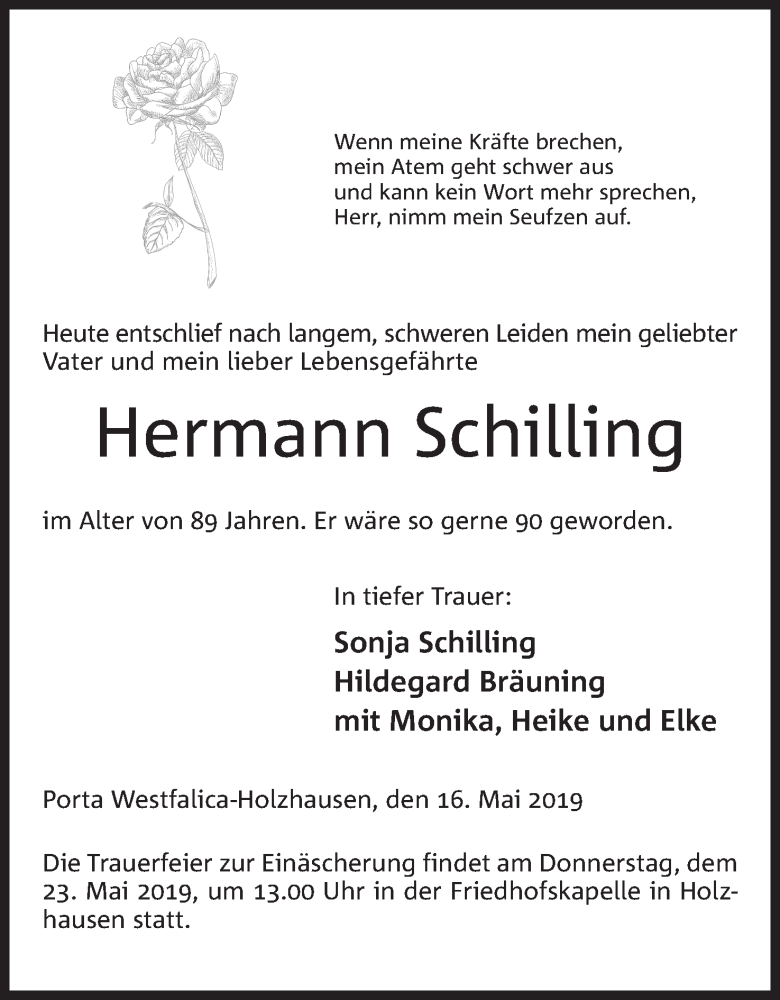  Traueranzeige für Hermann Schilling vom 18.05.2019 aus Mindener Tageblatt