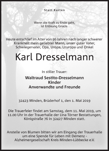 Anzeige von Karl Dresselmann von Mindener Tageblatt