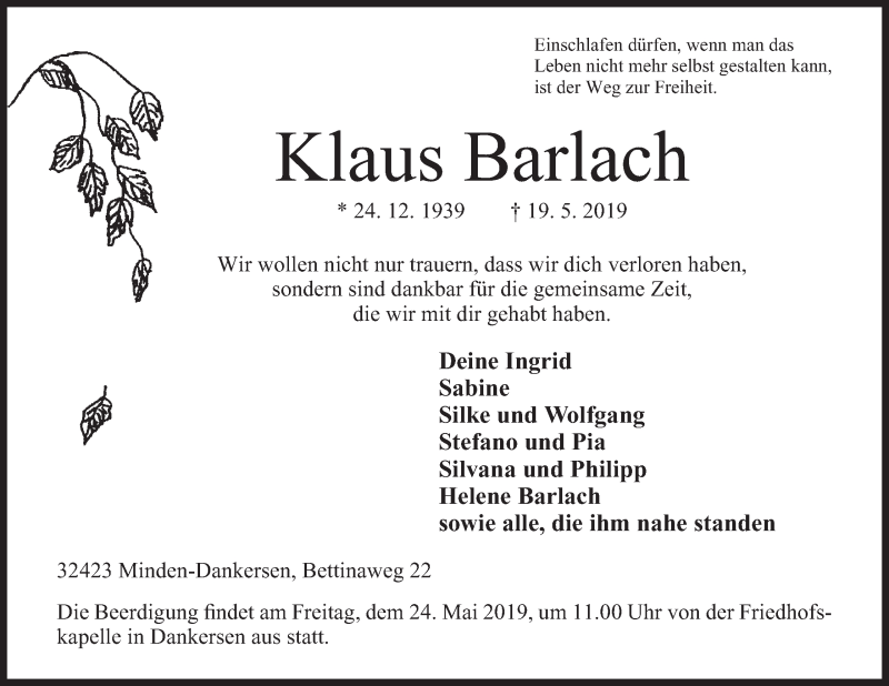  Traueranzeige für Klaus Barlach vom 22.05.2019 aus Mindener Tageblatt