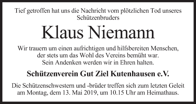  Traueranzeige für Klaus Niemann vom 09.05.2019 aus Mindener Tageblatt
