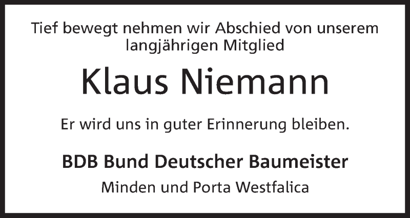  Traueranzeige für Klaus Niemann vom 11.05.2019 aus Mindener Tageblatt