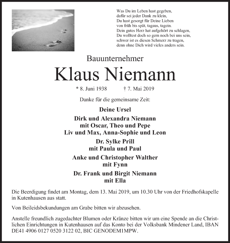  Traueranzeige für Klaus Niemann vom 09.05.2019 aus Mindener Tageblatt