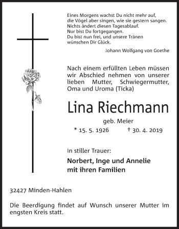 Anzeige von Lina Riechmann von Mindener Tageblatt