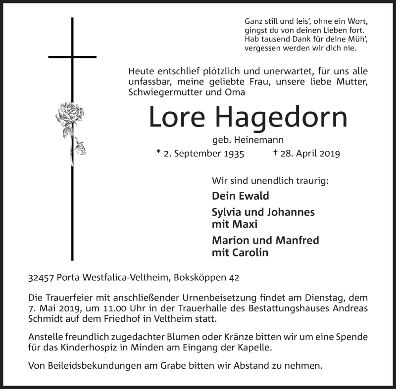  Traueranzeige für Lore Hagedorn vom 01.05.2019 aus Mindener Tageblatt