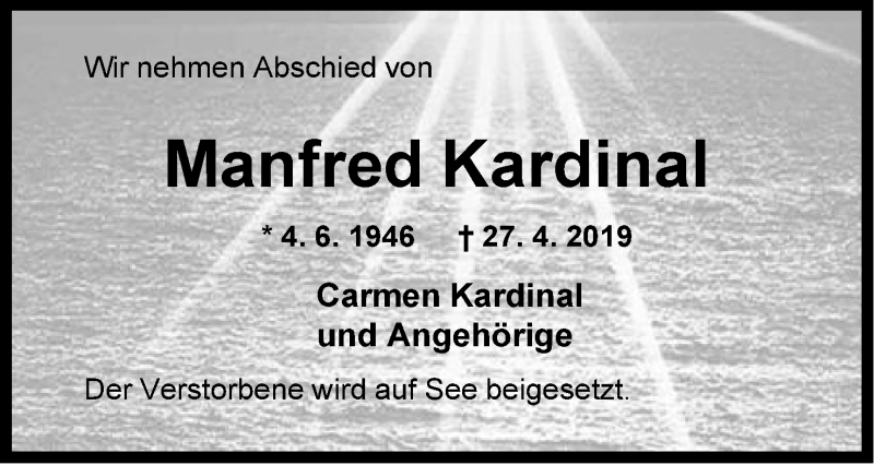  Traueranzeige für Manfred Kardinal vom 25.05.2019 aus Mindener Tageblatt