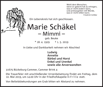 Anzeige von Marie Schäkel von Mindener Tageblatt