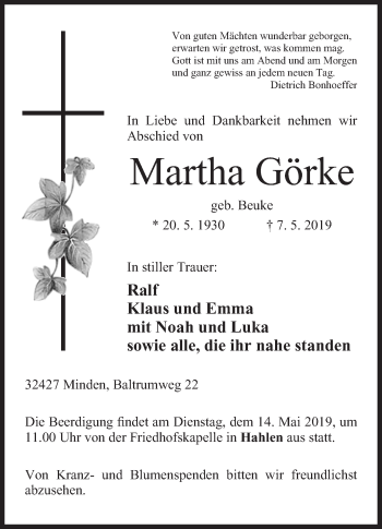 Anzeige von Martha Görke von Mindener Tageblatt