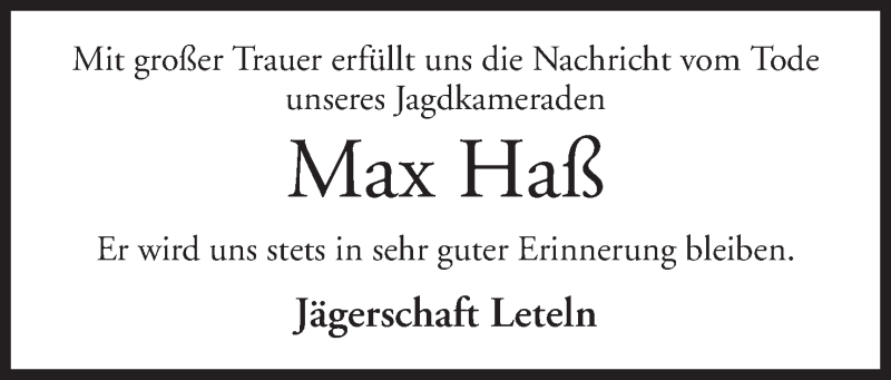  Traueranzeige für Max Haß vom 28.05.2019 aus Mindener Tageblatt