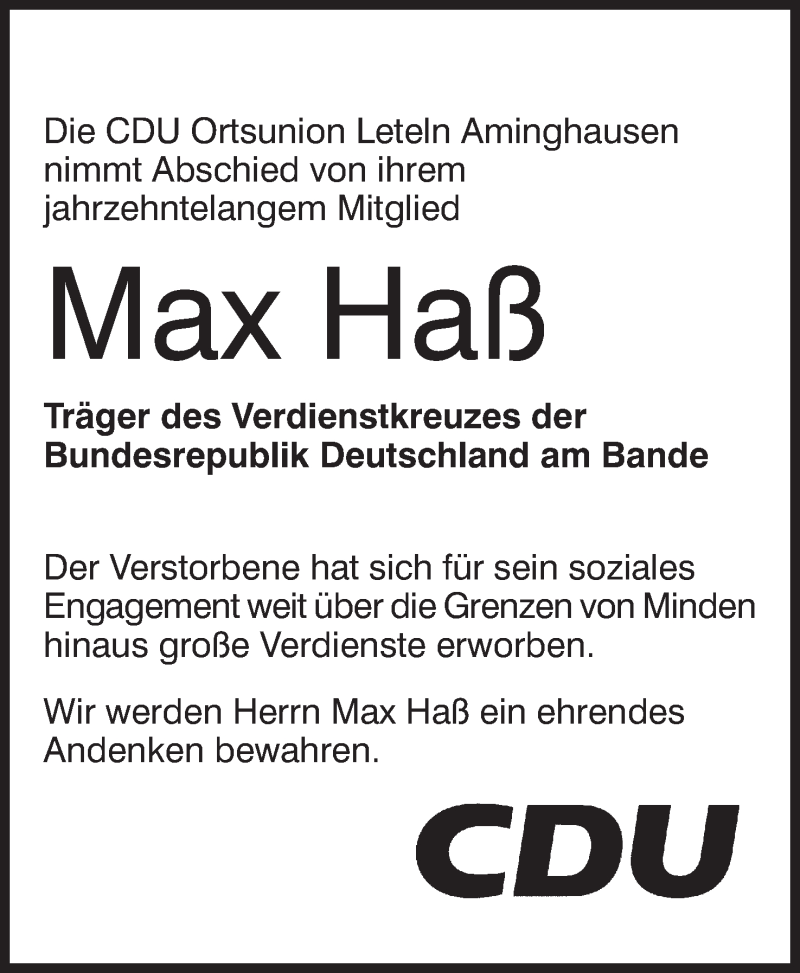  Traueranzeige für Max Haß vom 27.05.2019 aus Mindener Tageblatt