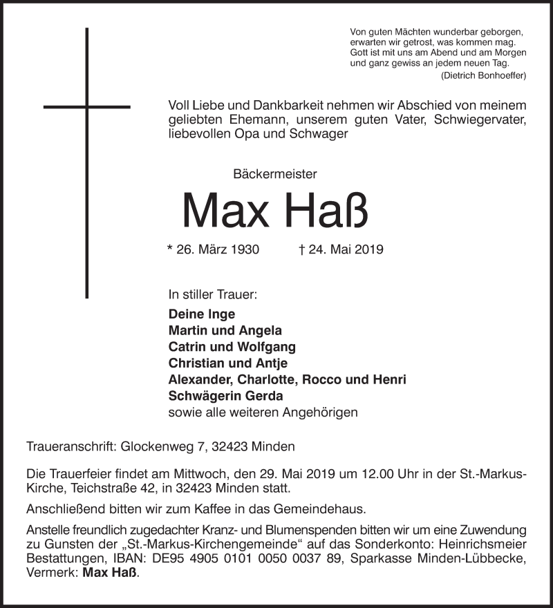  Traueranzeige für Max Haß vom 27.05.2019 aus Mindener Tageblatt