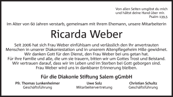 Anzeige von Ricarda Weber von Mindener Tageblatt