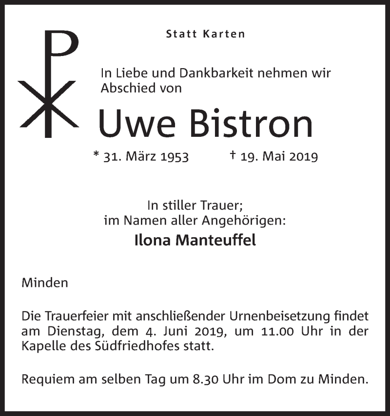  Traueranzeige für Uwe Bistron vom 25.05.2019 aus Mindener Tageblatt