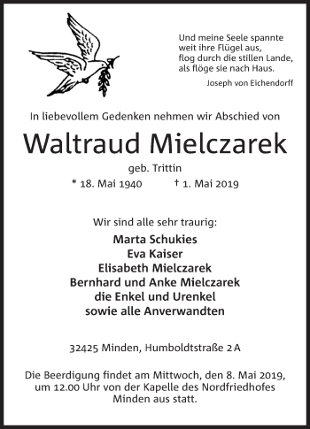 Anzeige von Waltraud Mielczarek von Mindener Tageblatt
