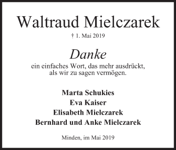 Anzeige von Waltraud Mielczarek von Mindener Tageblatt
