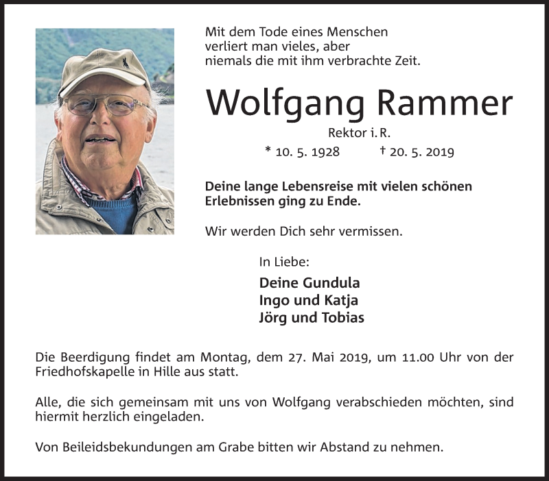  Traueranzeige für Wolfgang Rammer vom 23.05.2019 aus Mindener Tageblatt