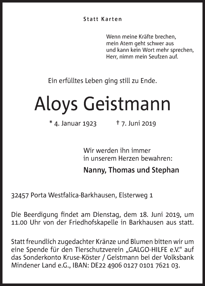  Traueranzeige für Aloys Geistmann vom 12.06.2019 aus Mindener Tageblatt