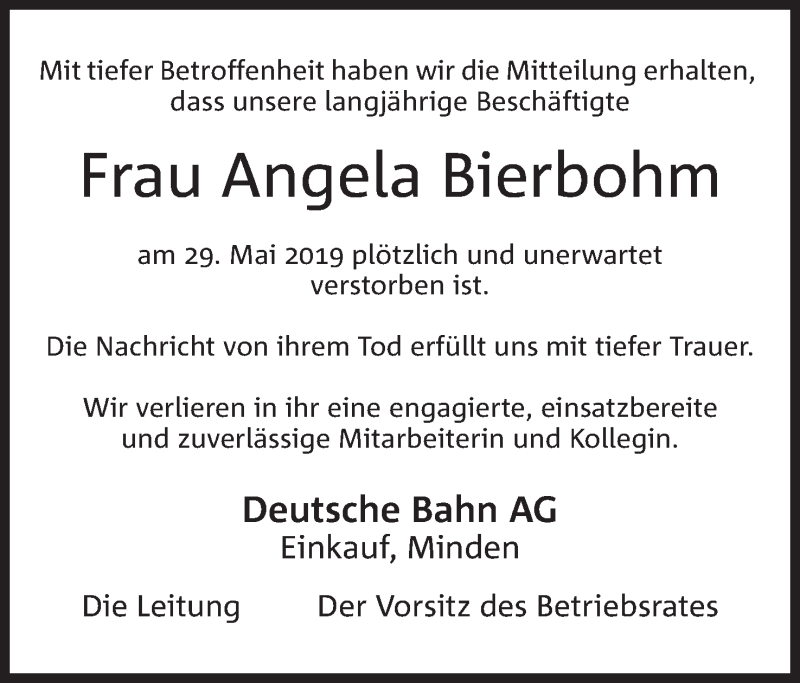  Traueranzeige für Angela Bierbohm vom 22.06.2019 aus Mindener Tageblatt