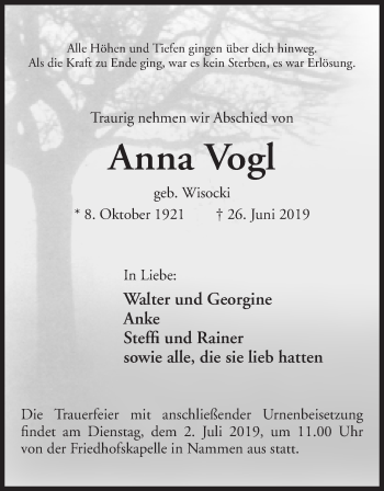 Anzeige von Anna Vogl von Mindener Tageblatt