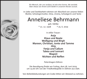 Anzeige von Anneliese Behrmann von Mindener Tageblatt