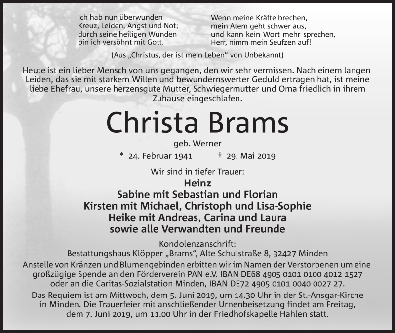  Traueranzeige für Christa Brams vom 01.06.2019 aus Mindener Tageblatt