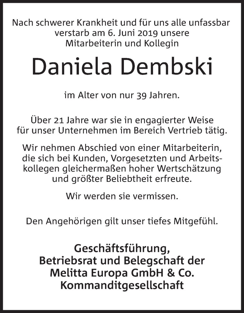  Traueranzeige für Daniela Dembski vom 12.06.2019 aus Mindener Tageblatt