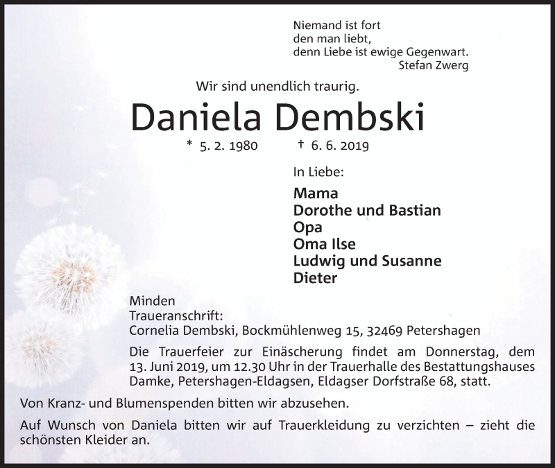  Traueranzeige für Daniela Dembski vom 08.06.2019 aus Mindener Tageblatt