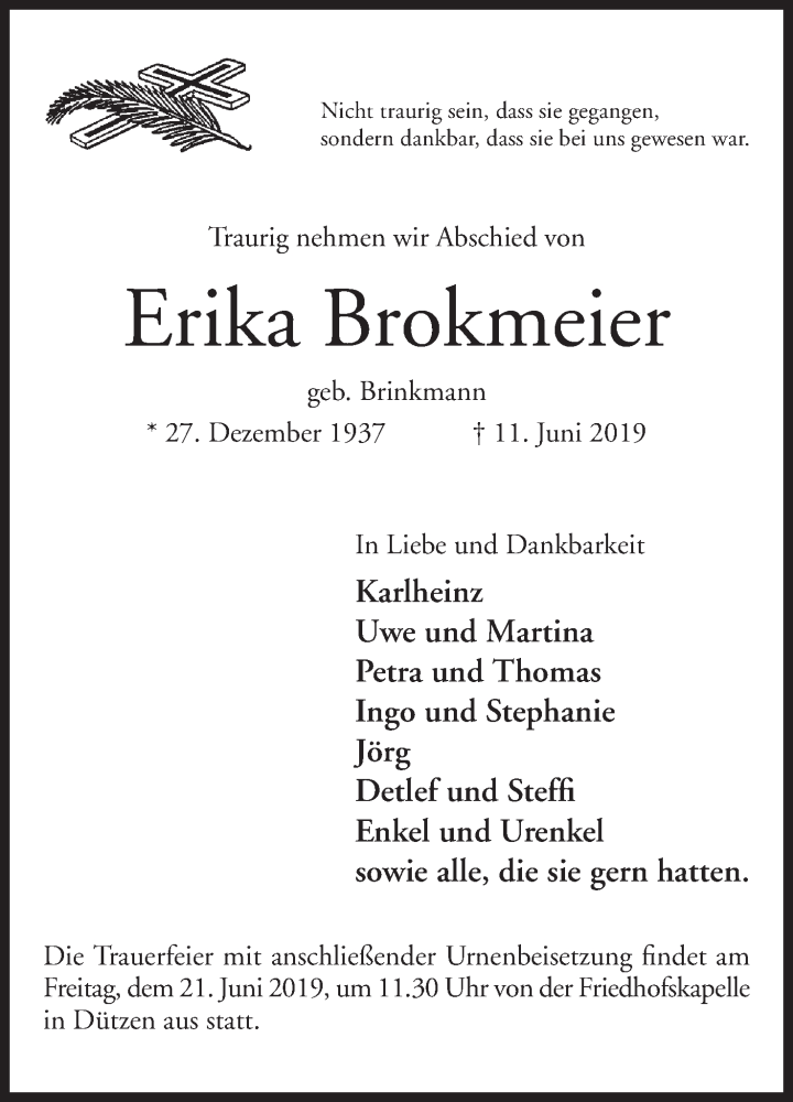  Traueranzeige für Erika Brokmeier vom 15.06.2019 aus Mindener Tageblatt