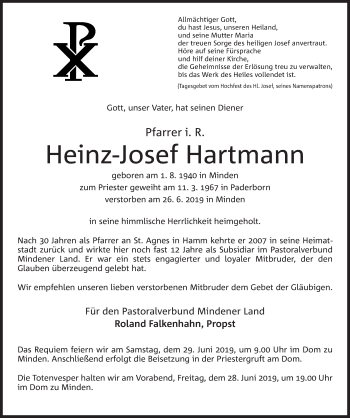 Anzeige von Heinz-Josef Hartmann von Mindener Tageblatt