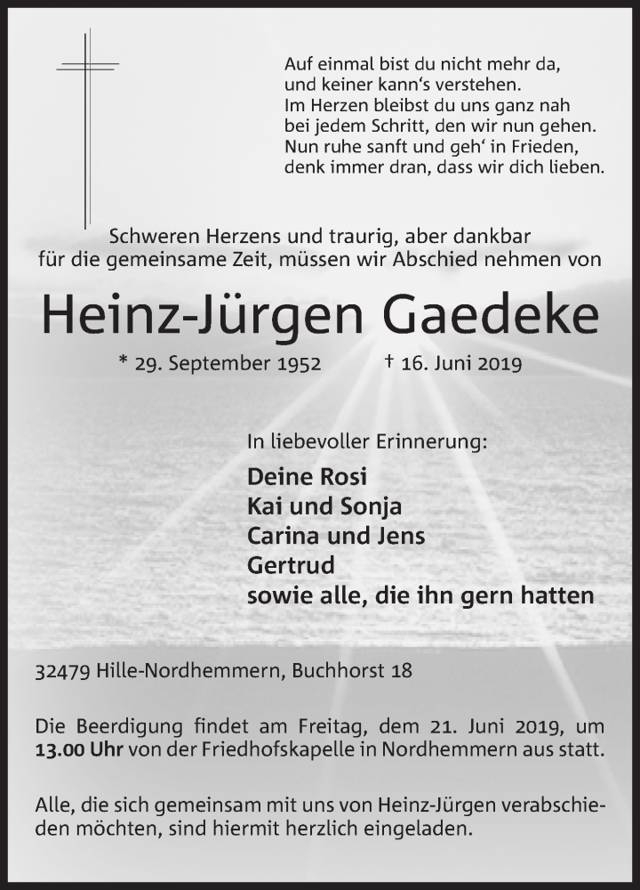  Traueranzeige für Heinz-Jürgen Gaedeke vom 18.06.2019 aus Mindener Tageblatt