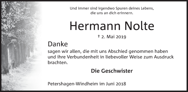  Traueranzeige für Hermann Nolte vom 08.06.2019 aus Mindener Tageblatt