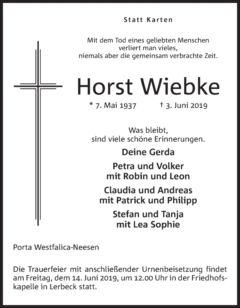  Traueranzeige für Horst Wiebke vom 08.06.2019 aus Mindener Tageblatt