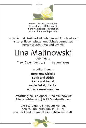 Anzeige von Lina Malinowski von Mindener Tageblatt