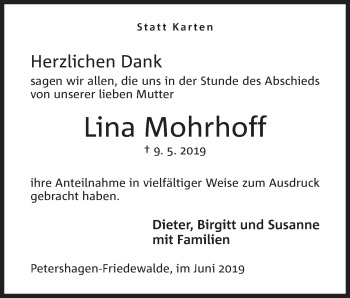 Anzeige von Lina Mohrhoff von Mindener Tageblatt
