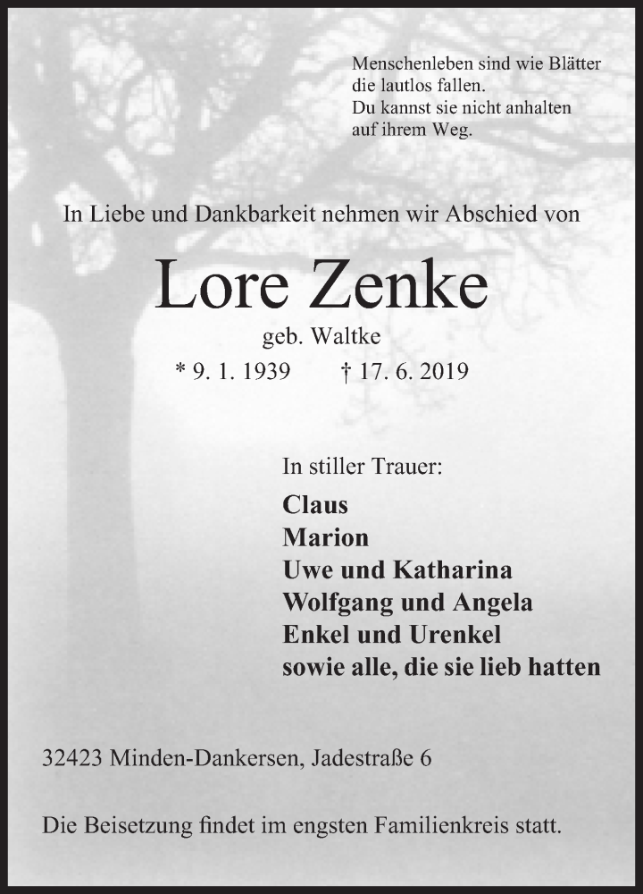  Traueranzeige für Lore Zenke vom 22.06.2019 aus Mindener Tageblatt