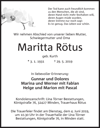 Anzeige von Maritta Rötus von Mindener Tageblatt