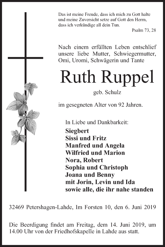  Traueranzeige für Ruth Ruppel vom 11.06.2019 aus Mindener Tageblatt