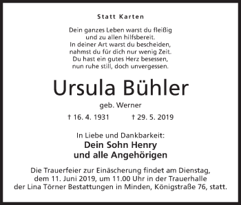 Anzeige von Ursula Bühler von Mindener Tageblatt