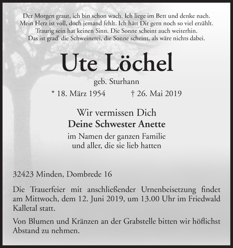  Traueranzeige für Ute Löchel vom 04.06.2019 aus Mindener Tageblatt