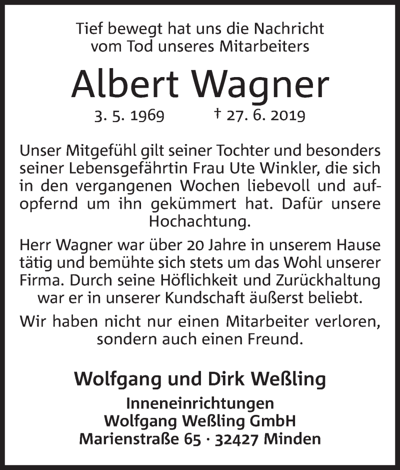  Traueranzeige für Albert Wagner vom 02.07.2019 aus Mindener Tageblatt vom 02.07.2019