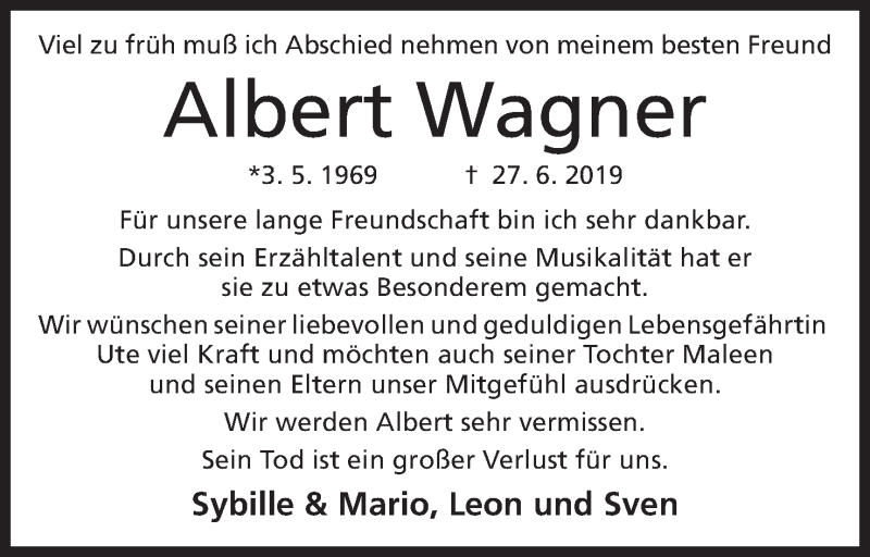  Traueranzeige für Albert Wagner vom 06.07.2019 aus Mindener Tageblatt