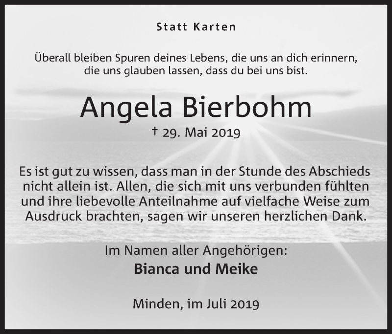  Traueranzeige für Angela Bierbohm vom 13.07.2019 aus Mindener Tageblatt