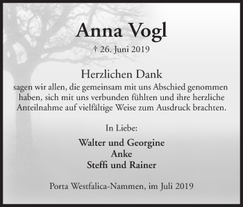 Anzeige von Anna Vogl von Mindener Tageblatt