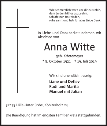 Anzeige von Anna Witte von Mindener Tageblatt