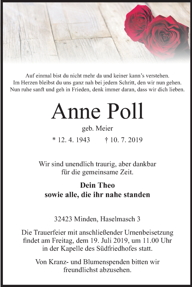  Traueranzeige für Anne Poll vom 13.07.2019 aus Mindener Tageblatt