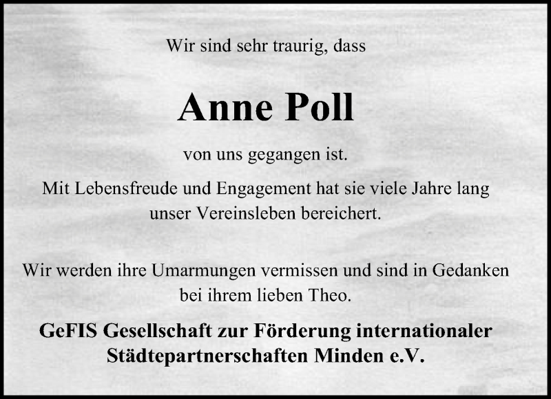  Traueranzeige für Anne Poll vom 19.07.2019 aus Mindener Tageblatt
