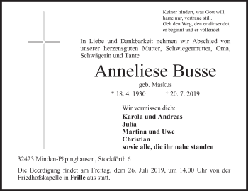 Anzeige von Anneliese Busse von Mindener Tageblatt